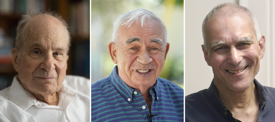 This combo image shows Professor Emeritus Louis Brus, left, Alexei Ekimov of Nanocrystals Technology Inc., center, and Massachusetts Institute of Technology scientist Moungi Bawendi. The three scientists in the United States won the Nobel Prize in chemistry for their work on quantum dots. (AP Photo)