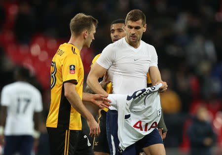 Soccer Football - FA Cup Fourth Round Replay - Tottenham Hotspur vs Newport County - Wembley Stadium, London, Britain - February 7, 2018 Tottenham’s Fernando Llorente and Newport County's Mickey Demetriou after the match Action Images via Reuters/Peter Cziborra