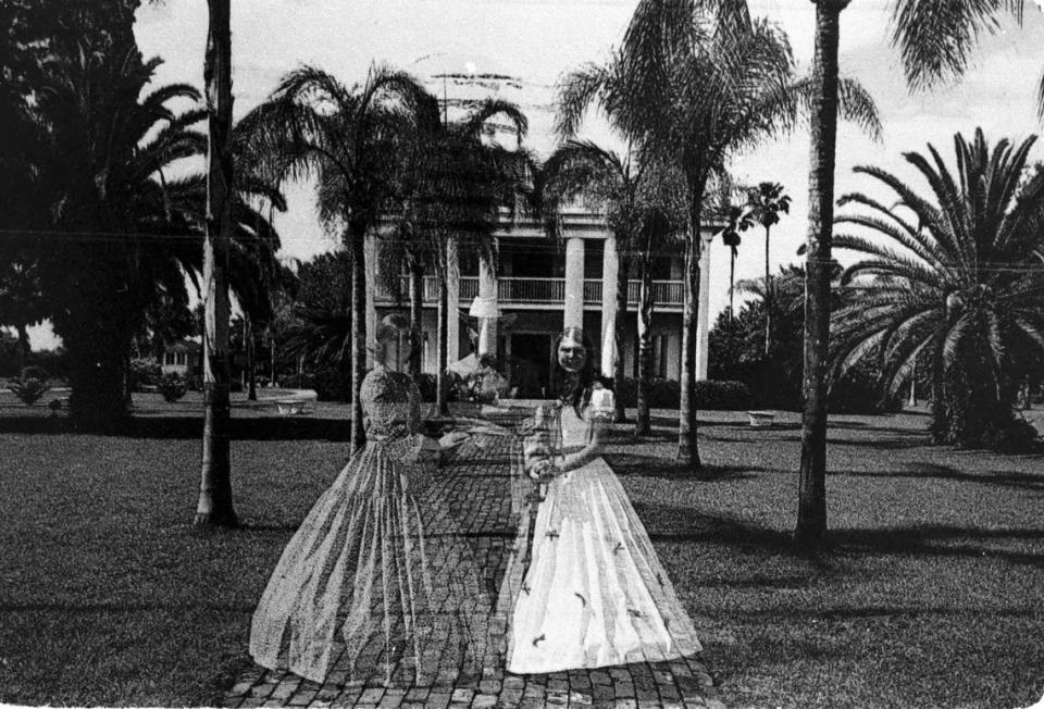 Ghostly postcard image of Gamble Mansion from between 1972 and 1975.