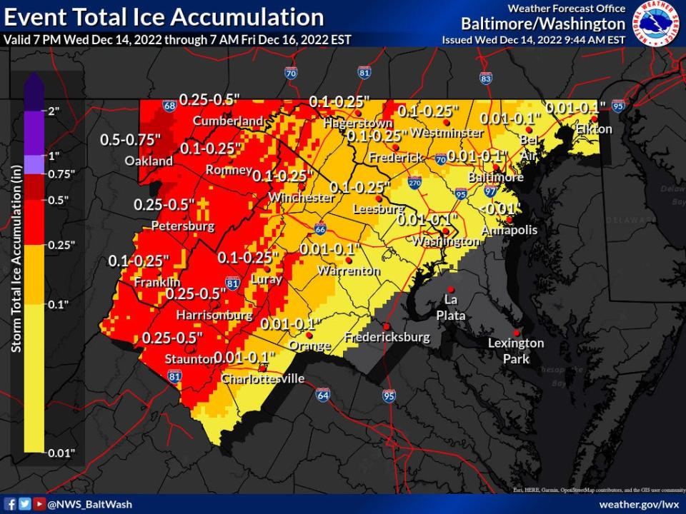 Anticipated ice accumulation this week for the National Weather Service's Baltimore/Washington forecast area, as of Wednesday morning, Dec. 14, 2022.