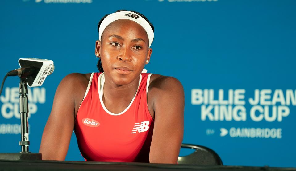 Coco Gauff speaks to reporters Friday after her match against Julia Grabher at the Delray Beach Tennis Center.