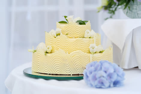 Yellow Cake with Baby Blue Accents 