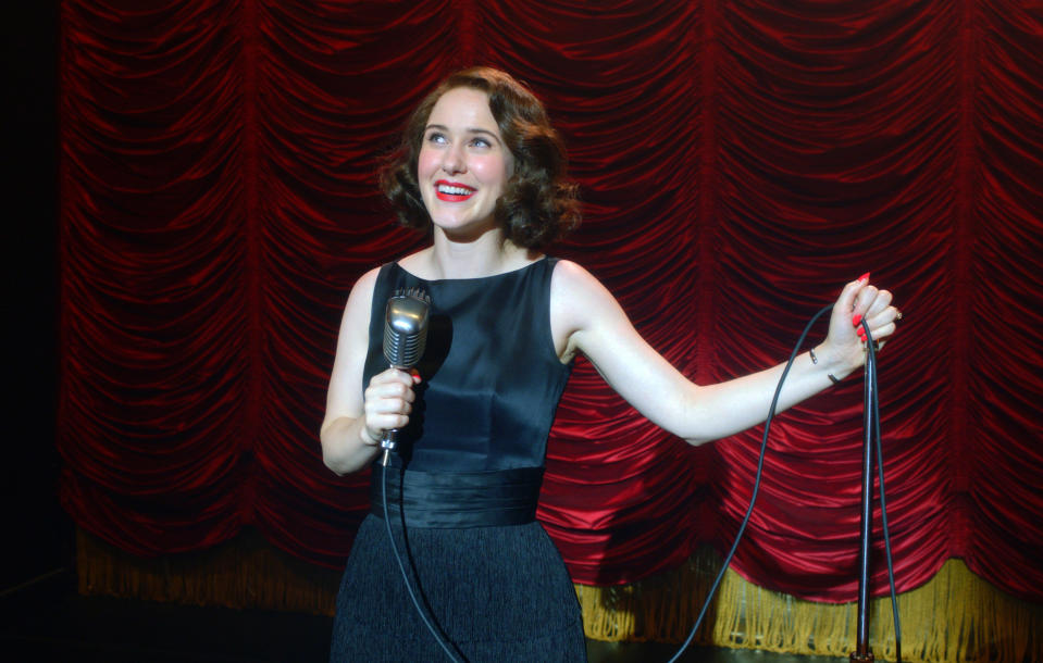 This image released by Amazon Studios shows Rachel Brosnahan in a scene from "The Marvelous Mrs. Maisel." Brosnahan was nominated for an Emmy Award for outstanding lead actress in a comedy series on Tuesday, July 28, 2020. (Amazon Studios via AP)