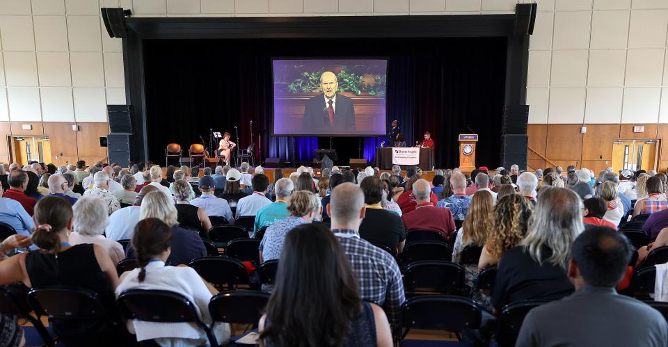 A video of President Russell M. Nelson, of The Church of Jesus Christ of Latter-day Saints, is played during the Braver Angels National Convention at Gettysburg College in Gettysburg, Pa., on Thursday, July 6, 2023. The video was part of a talk by Elder Ahmad S. Corbitt, General Authority Seventy of the church. | Kristin Murphy, Deseret News