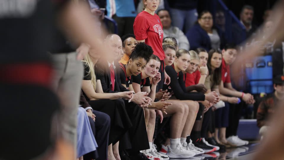 Players and staff on the Utah bench look on against Gonzaga. - Young Kwak/AP