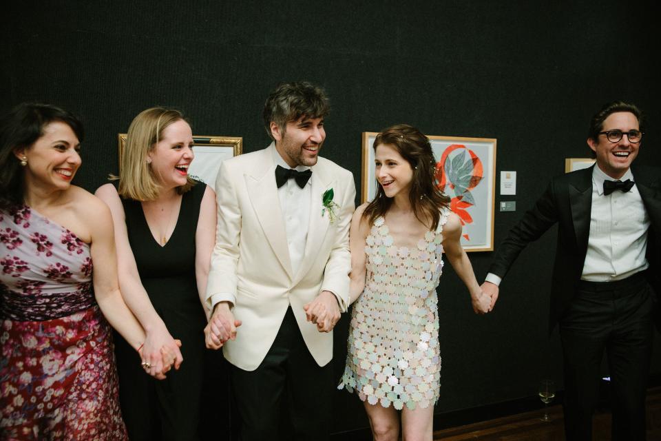 Dancing with our friends Annie Karni and Emily Cheesman and our officiant Steven Chaiken. Mike looks so festive in white!