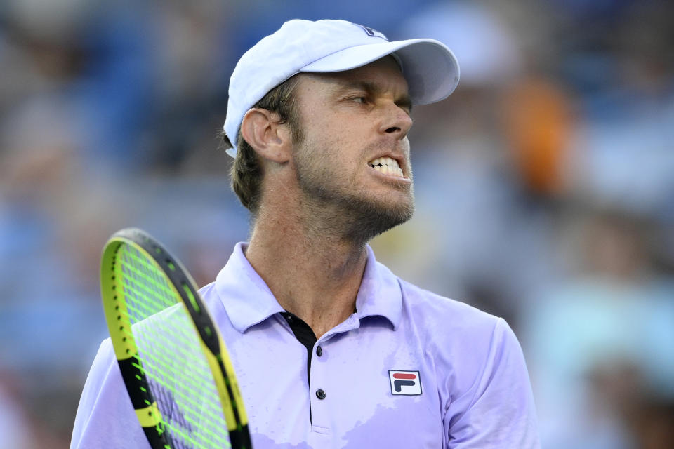 Sam Querrey, of the United States,s reacts during against Kei Nishikori, of Japan, at the Citi Open tennis tournament Monday, Aug. 2, 2021, in Washington. (AP Photo/Nick Wass)