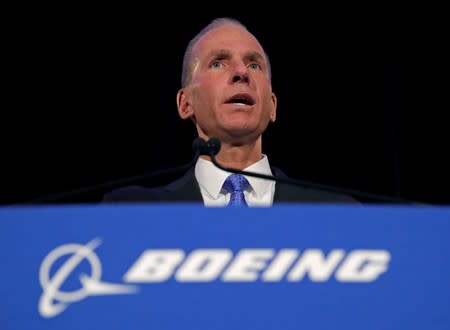 Boeing Co Chief Executive Dennis Muilenburg during a news conference at the annual shareholder meeting in Chicago