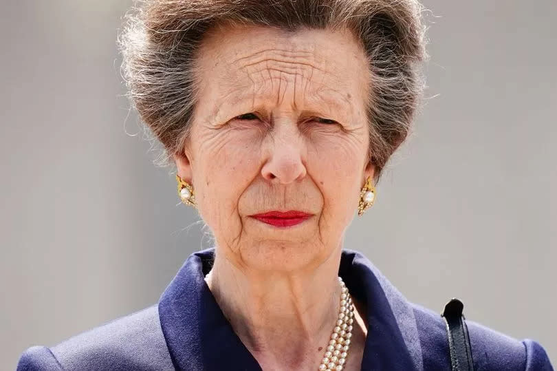 Princess Anne, Princess Royal, Colonel-in-Chief of the Royal Regina Rifles, inspects the troops as she arrives to unveil a statue of a Second World War Canadian Royal Regina Rifleman during a reception with members of the regiment to mark the 80th anniversary of D-Day, at Place des Canadiens in Bretteville-l'Orgueilleuse, on June 5, 2024 near Caen, France.