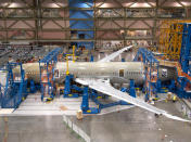 Final assembly continues on the first all-new Boeing 787 Dreamliner with the installation of the wings earlier this month. This photo, taken June 5, shows both wings in the join position. The airplane stands in position one, where all the major body joins take place.