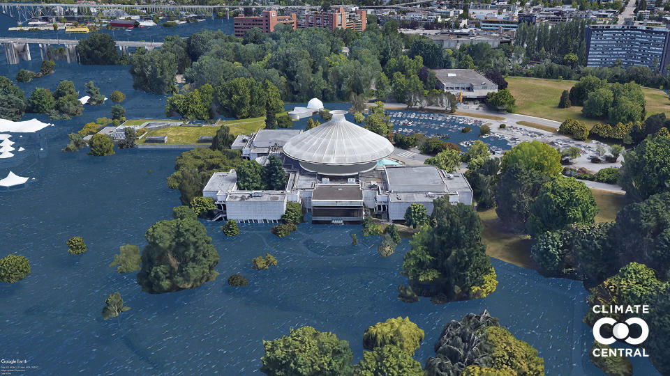 Water encroaches on the building from the west, southwest, and southeast