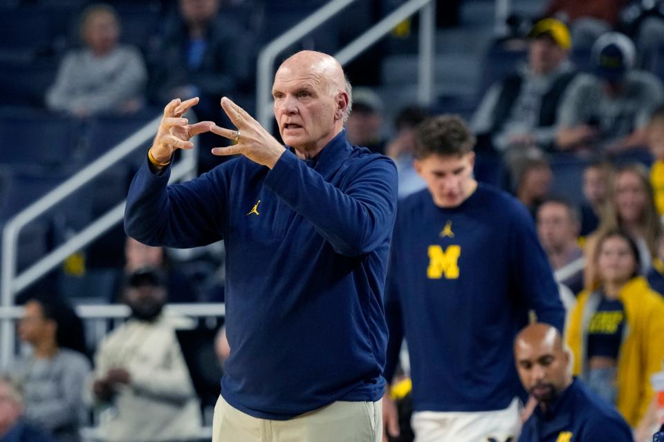 Michigan acting head coach Phil Martelli signals from the sideline during the first half against Northwood at Crisler Center in Ann Arbor on Friday, Nov. 3, 2023.