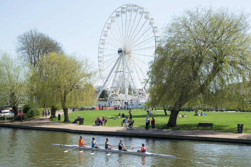 People row down the River Avon enjoy the hottest day of April so far in Stratford Upon Avon.