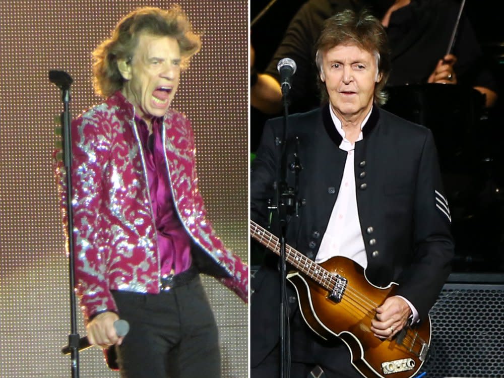 Rolling-Stones-Frontmann Mick Jagger (li.) und Beatles-Legende Paul McCartney standen offenbar gemeinsam im Tonstudio. (Bild: Bruce Alan Bennett/Shutterstock / Debby Wong/Shutterstock.com)