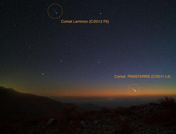 Yuri Beletsky, a Magellan Instrument Support Scientist at Las Campanas observatory located in Atacama Desert in Chile, used a Canon 5D Mark II camera with an exposure time of ~ 30 seconds on Feb. 28, 2013 to capture this image of Comets Pan-STA