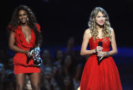 <p>In 2009, Swift attended the MTV VMAs at Radio City Music Hall, where <a href="https://people.com/music/mtv-vmas-taylor-swift-a-history/" rel="nofollow noopener" target="_blank" data-ylk="slk:she won the "Best Female Video" award;elm:context_link;itc:0;sec:content-canvas" class="link ">she won the "Best Female Video" award</a> — an event that is better remembered for Kanye West <a href="https://people.com/music/kanye-west-famous-inside-his-and-taylor-swifts-relationship-history/" rel="nofollow noopener" target="_blank" data-ylk="slk:storming the stage;elm:context_link;itc:0;sec:content-canvas" class="link ">storming the stage</a> during her speech to declare that Beyonce should have won, as she had "one of the best videos of all time."</p> <p>At the end of the night, after a win of her own, <a href="https://people.com/tag/beyonce/" rel="nofollow noopener" target="_blank" data-ylk="slk:Beyoncé;elm:context_link;itc:0;sec:content-canvas" class="link ">Beyoncé</a> shared a heartfelt moment with Swift, bringing the singer back onstage to finish her acceptance speech.</p>