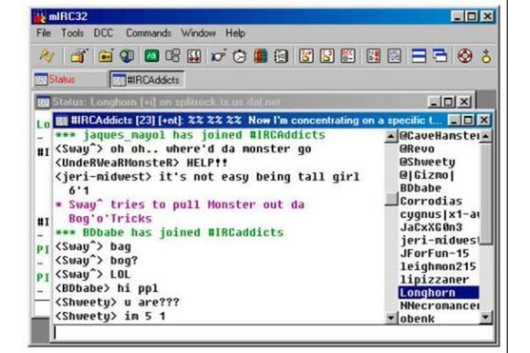 Una vista de mIRC, uno de los clientes de IRC más populares