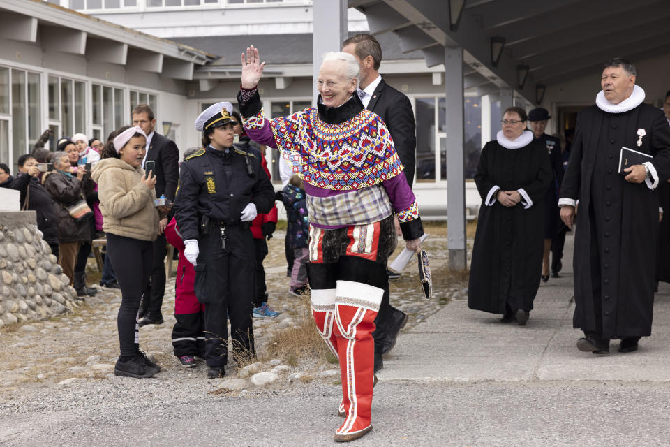 FILE - Denmark's Queen Margrethe leaves after the Episcopal Wedding for Greenland's new Bishop Paneeraq Siegstad Munk in Hans Egede's Church in Nuuk, Greenland, Oct. 10, 2021. Denmark’s popular monarch Queen Margrethe is marking 50 years on the throne with low-key events on Friday Jan. 14, 2022. The public celebrations of Friday's anniversary have been delayed until September due to the pandemic. (Christian Klindt Soelbec/Ritzau Scanpix via AP, File)