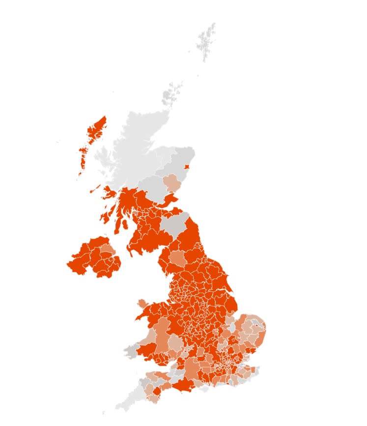 The predicted areas where cases will be above 100 per 100,000 by the end of October. The darker the shade of orange the higher the probability.(Imperial College London)