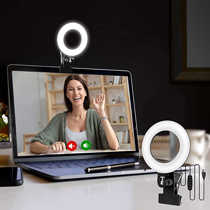 Video call on laptop with Cvezcor ring light above screen.
