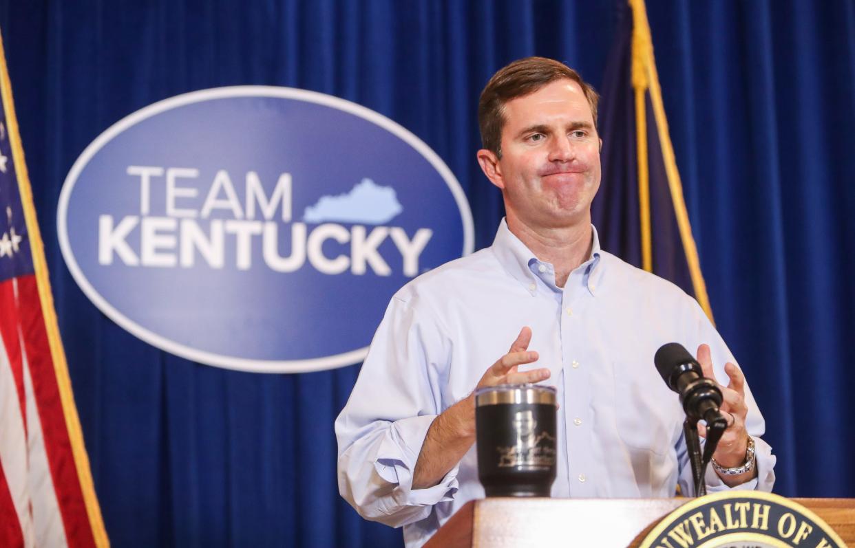 Gov. Andy Beshear reacts while talking about the 'political theater' over Covid-19 during the governor's regular coronavirus briefing to the Commonwealth. August 18, 2020