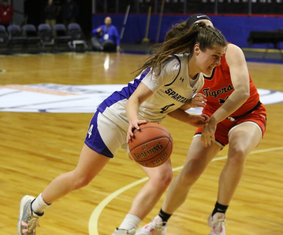 Maine-Endwell's Kaety L'Amoreaux drives with the ball during the Spartans' 60-55 loss to Union-Endicott in the Section 4 Class A girls basketball final March 5, 2023 at the Visions FCU Veterans Memorial Arena in Binghamton.