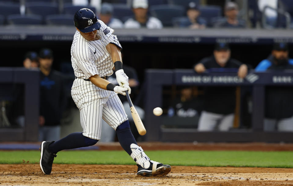 New York Yankees' Anthony Volpe hits a home run against the Miami Marlins during the fourth inning of a baseball game, Monday, April 8, 2024 in New York. (AP Photo/Noah K. Murray)