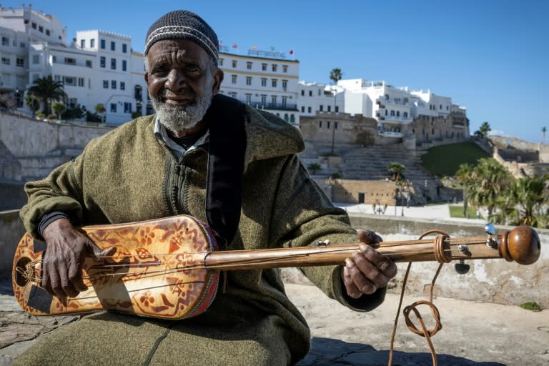 Abdellah El Gourd, a legend of gnawa, in the Moroccan city of Tangiers which will host 2024's International Jazz Day (FADEL SENNA)