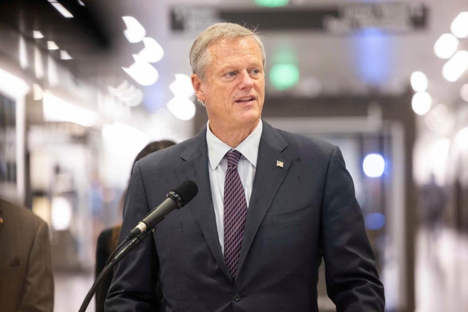 Governor Charlie Baker speaks about East-West Passenger Rail at Union Station in Springfield, Mass., Tuesday, Aug. 23, 2022.