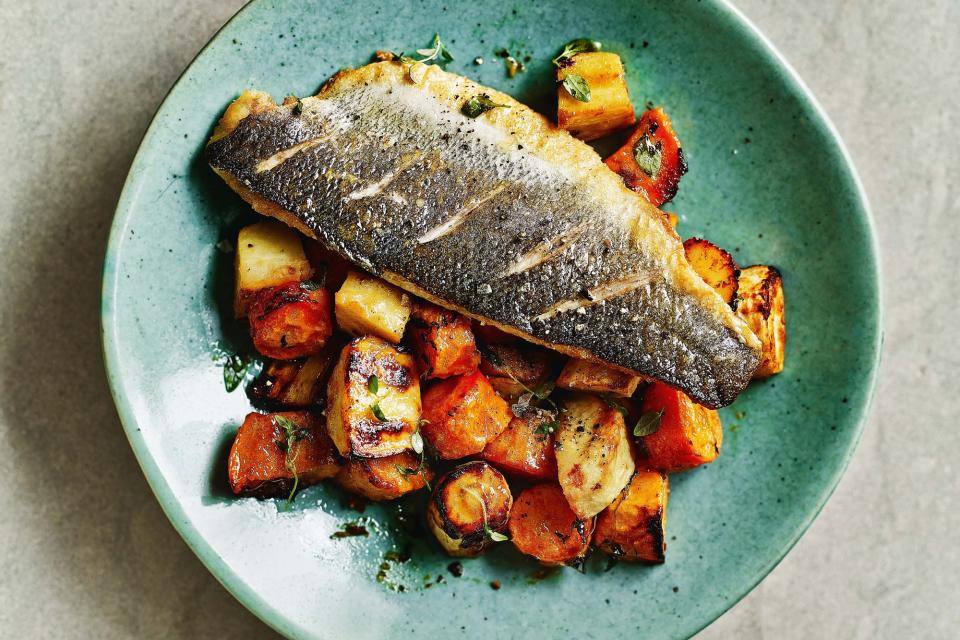 Pan-Fried Sea Bass with Miso, Lemon, and Thyme-Glazed Roasties