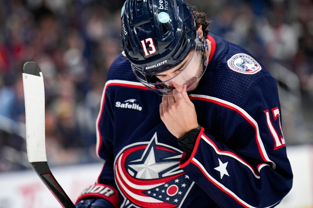 Oct 20, 2022; Columbus, Ohio, USA;  Columbus Blue Jackets forward Johnny Gaudreau (13) reacts after missing a goal attempt against the Nashville Predators during the third period of the hockey game between the Columbus Blue Jackets and the Nashville Predators at Nationwide Arena. Mandatory Credit: Joseph Scheller-The Columbus Dispatch