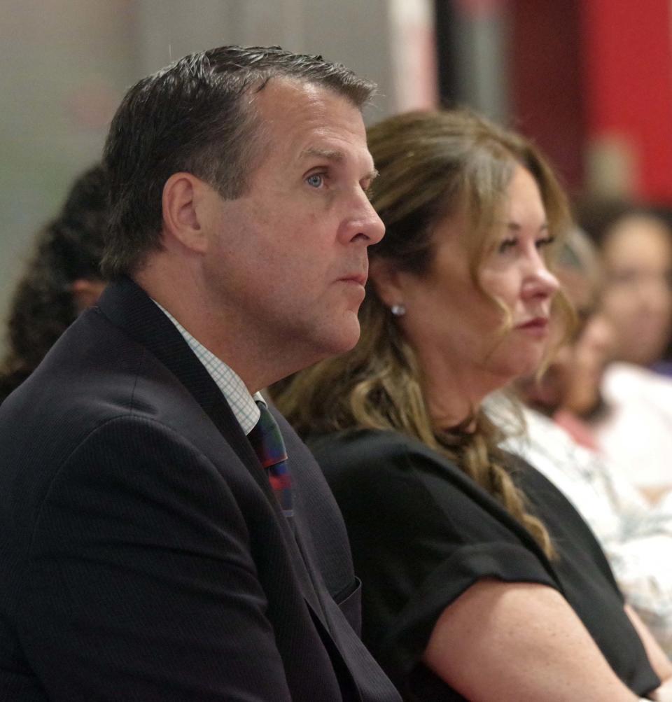 Brockton city Mayor and School Committee Chairman Robert Sullivan, along with fellow committee member Kathleen Ehlers, listen to the students of Brockton High School and their parents as they all weigh in on issues concerning the school such as dressing standards, cell phone use, and safety, at a meeting of the Brockton School Committee Open Forum held at the high school cafeteria on Tuesday, July 11, 2023.