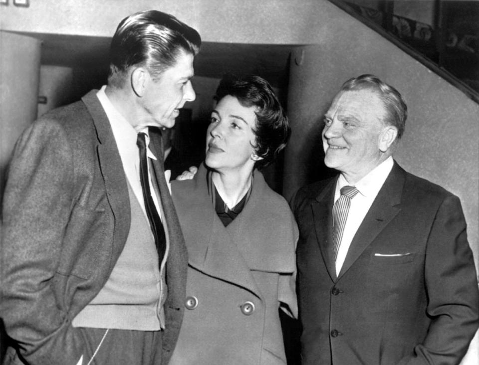 In 1960, Screen Actors Guild president Ronald Reagan, pictured with Nancy Reagan and James Cagney at a SAG strike meeting, was at the helm of the union during a work stoppage aimed at studios.