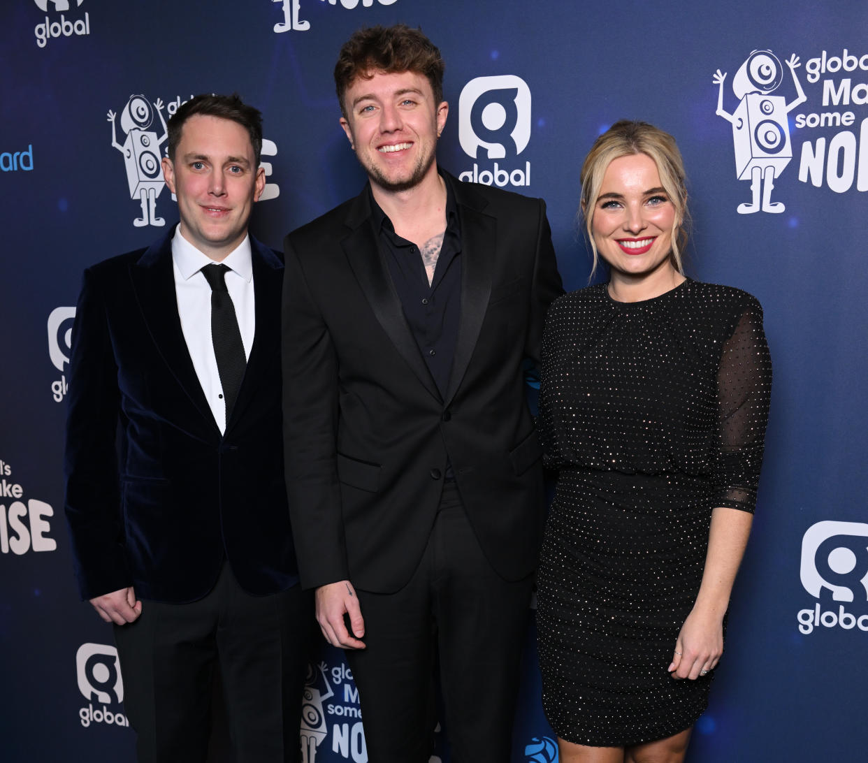 LONDON, ENGLAND - NOVEMBER 21:  (L-R) Chris Stark, Roman Kemp and Sian Welby attend Global's Make Some Noise Charity Gala at The Londoner Hotel on November 21, 2023 in London, England. (Photo by Karwai Tang/WireImage)