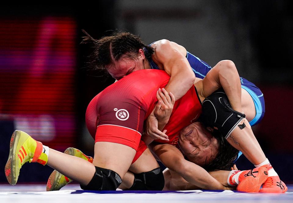 Aisuluu Tynybekova (KGZ) defeats Iryna Koliadenko (UKR) in a women's freestyle 62kg semifinal Tuesday Aug 3, 2021 during the Tokyo 2020 Olympic Summer Games at Makuhari Messe Hall A, Chiba, Japan. 