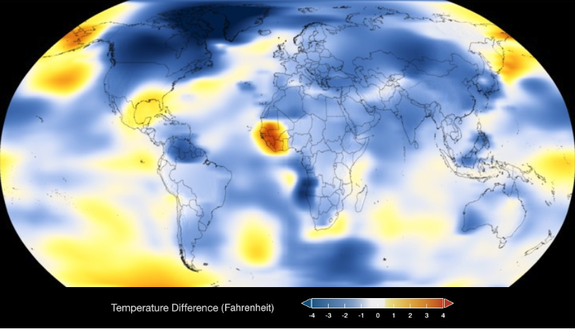 Global temperatures compared to the average, with blues showing cooler temperatures.