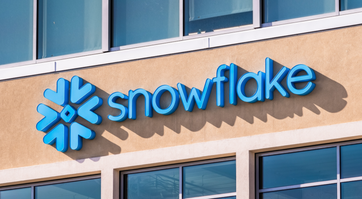 Snowflake symbol and logo at the company corporate headquarters in Silicon Valley. SNOW stock.