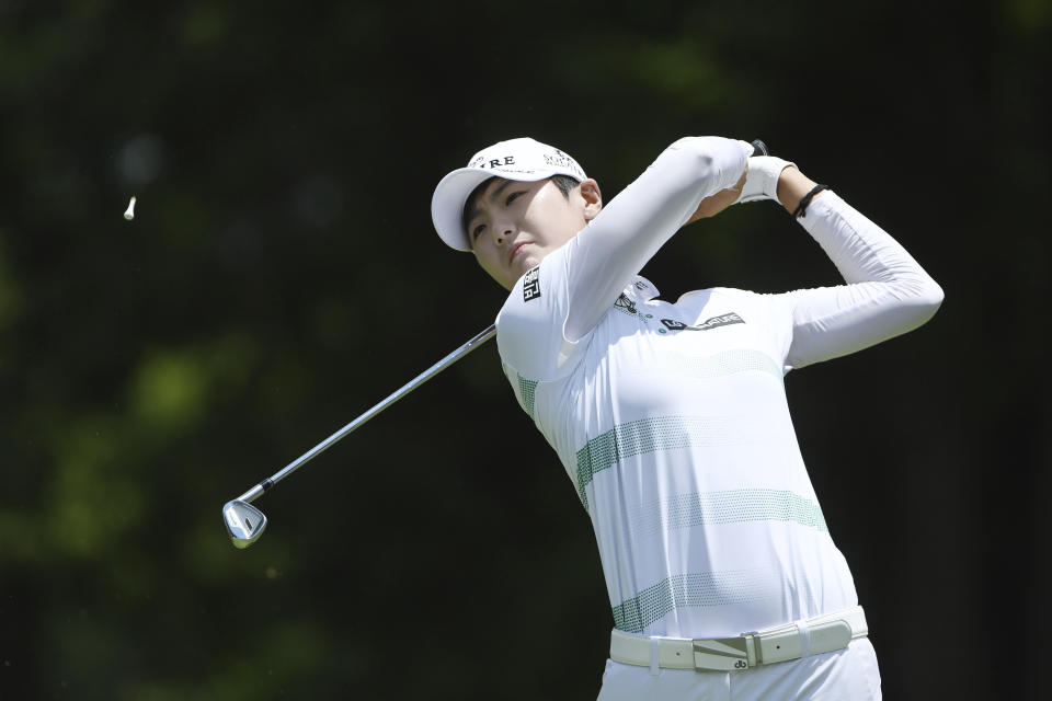 Sung Hyun Park watches her tee shot on the 3rd hole during the final round of the LPGA Walmart NW Arkansas Championship golf tournament, Sunday, June 30, 2019, in Rogers, Ark. (AP Photo/Michael Woods)