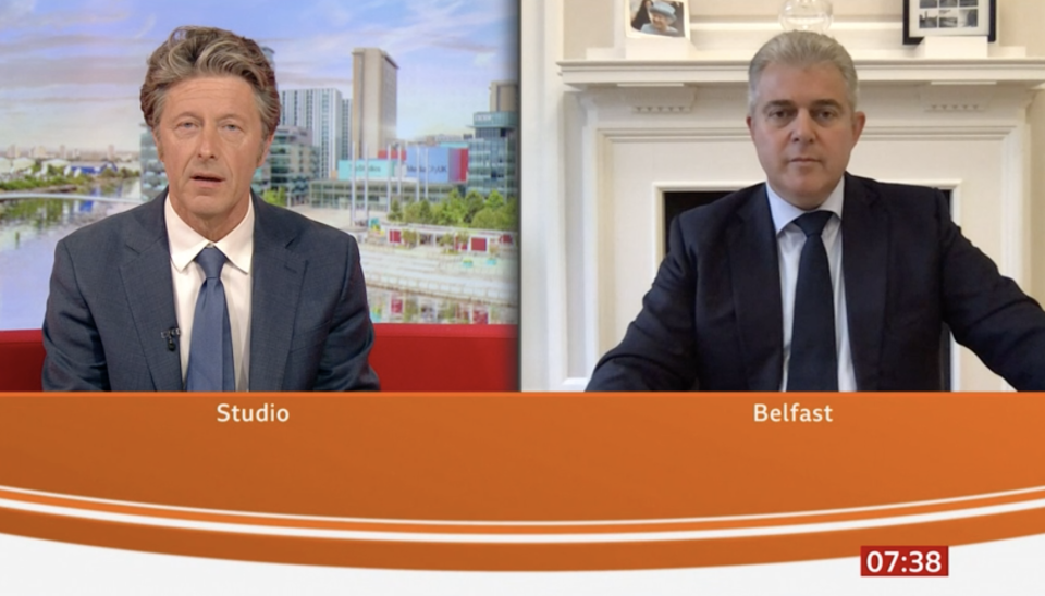 Brandon Lewis, right, admitted on BBC Breakfast that people from Spain can holiday in the Lake District – but those already in England can't. (BBC Breakfast)