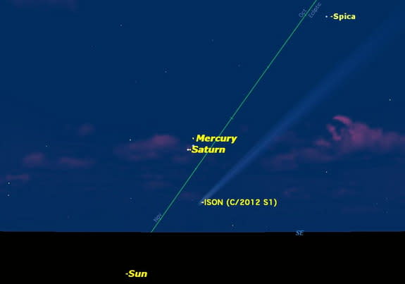 Monday, Nov. 25, before dawn. Mercury will be very close to Saturn, making a pretty pair. By now Comet ISON (C/2012 S1) should be getting very bright as it gets close to the sun.