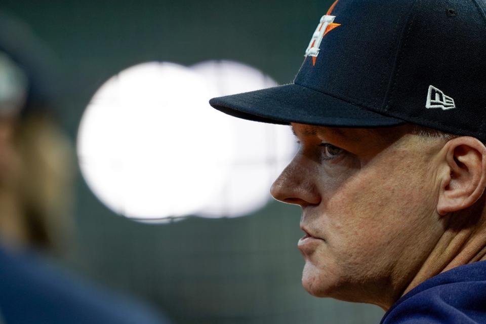 Houston Astros manager AJ Hinch watches during batting practice for Game 1 of the baseball World Series against the Washington Nationals Tuesday, Oct. 22, 2019, in Houston. (AP Photo/David J. Phillip)