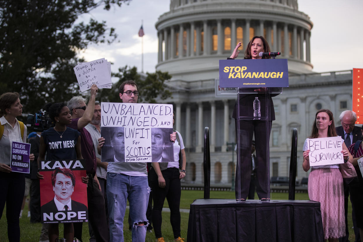 Sen. Kamala Harris, D-Calif.,speaks to protestors rallying against Supreme Court nominee Judge Brett Kavanaugh in October 2018. (Photo: Drew Angerer/Getty Images)