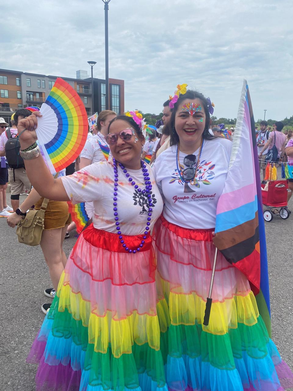 The Grupo Cultural Latinos en Rochester organization marched in the Saturday, July 15, 2023, Rochester Pride Parade. At left is team leader  Evelyn Dagostino and at right is president Pilar Osorio-Godoy.