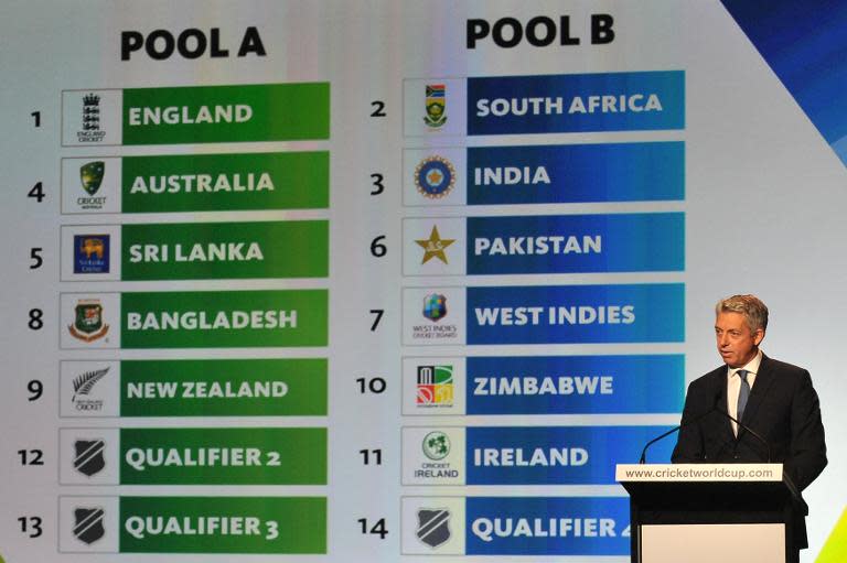 ICC chief executive David Richardson presents the pool draws for the 2015 Cricket World Cup, during the official launch in Melbourne, on July 30, 2013