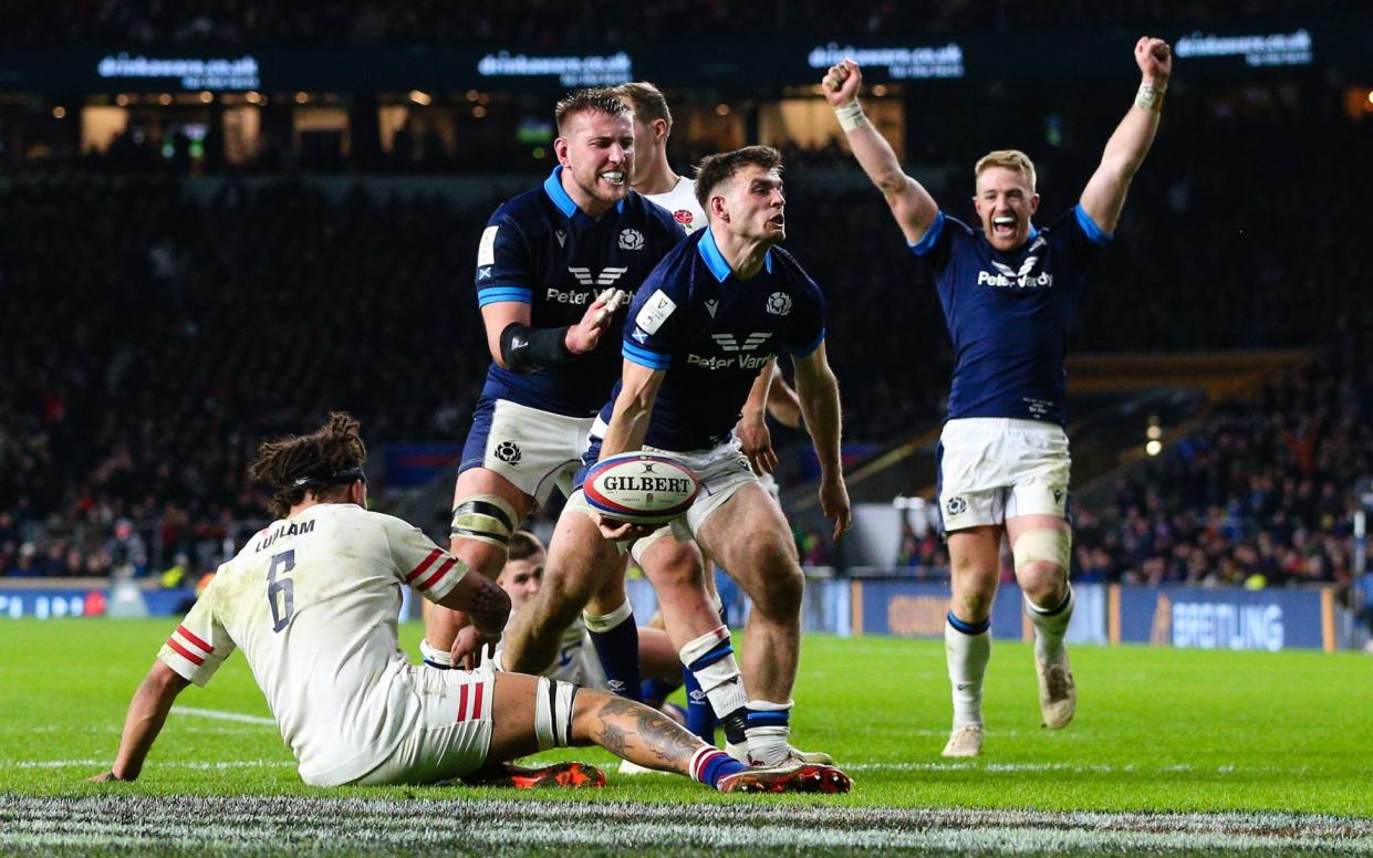 Ben White of Scotland celebrates scoring his sides third try - Craig Mercer/Getty Images