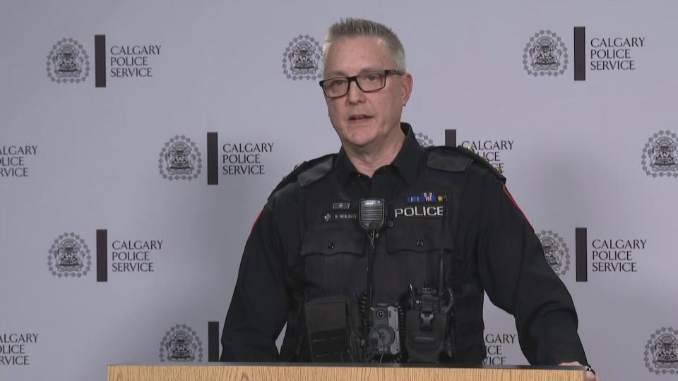 Calgary police duty inspector Scott Neilson speaks to reporters in Calgary Tuesday. 