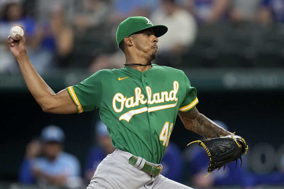 Oakland Athletics starting pitcher Luis Medina throws to the Texas Rangers in the first inning of a baseball game, Sunday, Sept. 10, 2023, in Arlington, Texas. (AP Photo/Tony Gutierrez)