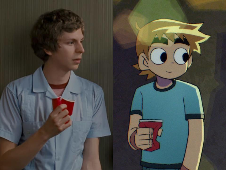 left: michael cera as scott pilgrim, wearing a blue button up shirt and crushing a red solo cup in his hand; right: scott pilgrim in the anime, also crushing a solo cup and smiling