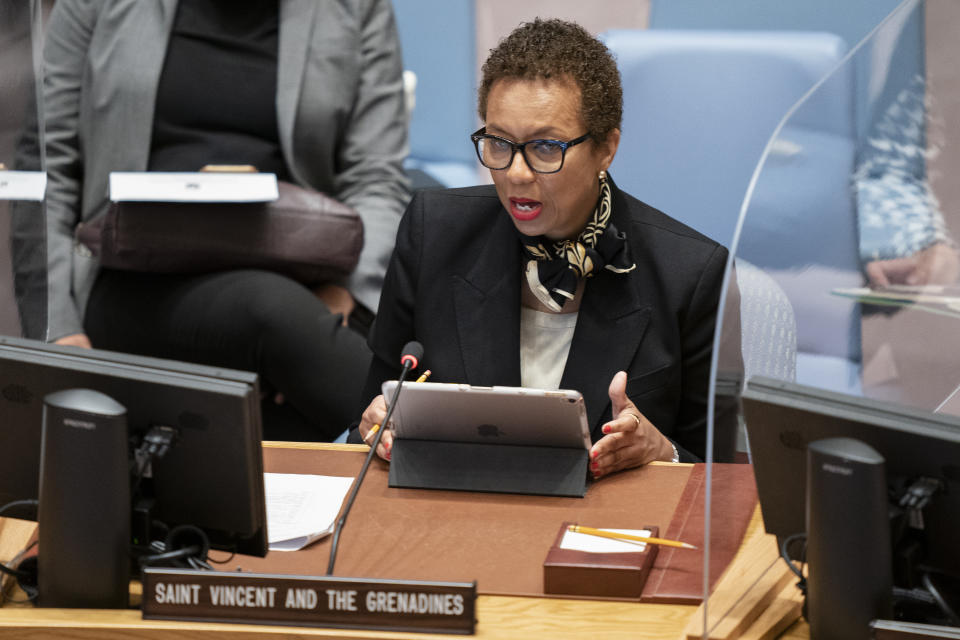 Inga Rhonda King, permanent representative of Saint Vincent and the Grenadines to the United Nations, speaks during a meeting of the United Nations Security Council, Thursday, Sept. 23, 2021, during the 76th Session of the U.N. General Assembly in New York. (AP Photo/John Minchillo, Pool)