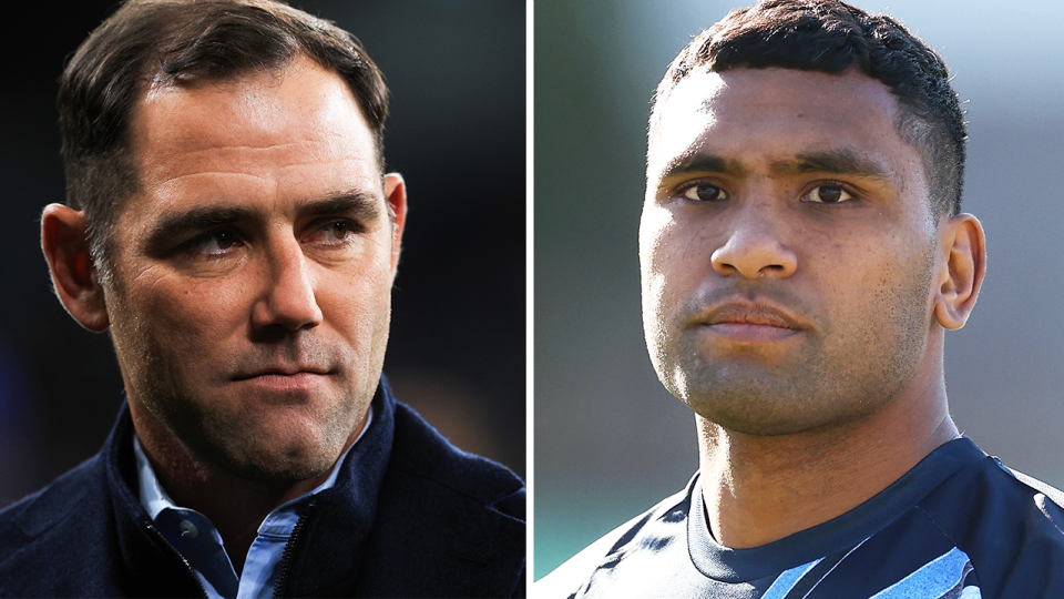 Cameron Smith during commentary and Tevita Pangai Junior during training.